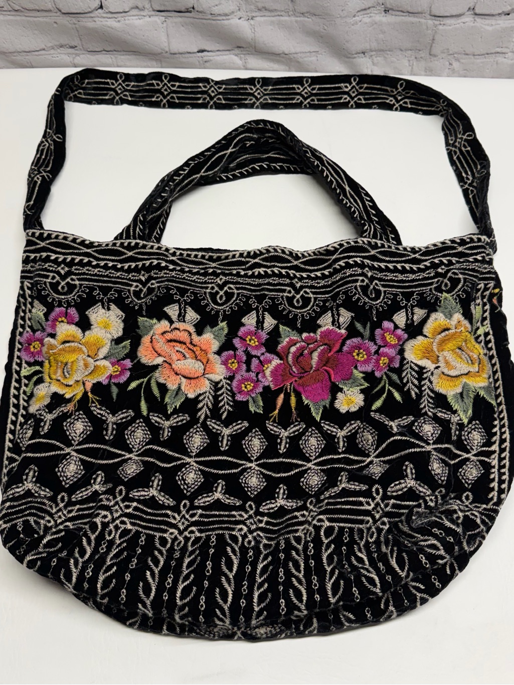 Johnny Was Embroidered Velvet Floral Black Tote Bag